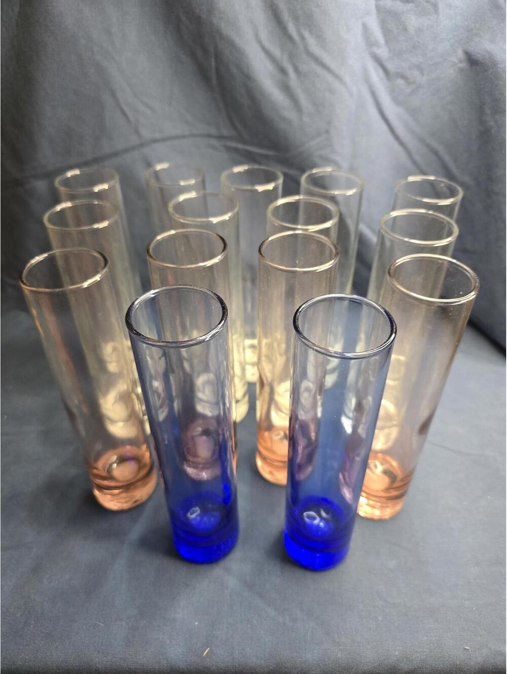 Set of 15 Vintage Tall 7.5" Shot Glasses Clear, Blue, and Pink
